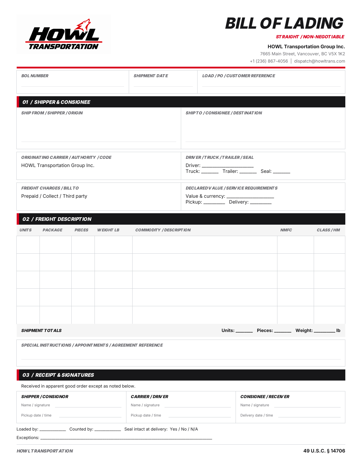 Preview of the HOWL bill of lading with red wolf branding, shipment fields and signature boxes